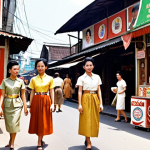 **

A bustling Bangkok street scene, circa 1960s.  Thai women in Western-influenced dresses (knee-length, brighter colors) walk past shops with Coca-Cola signs and movie posters featuring American films.  American soldiers in uniform are visible in the background.  Some traditional Thai elements (e.g., a spirit house, a food vendor) are also present, creating a blend of cultures.

**