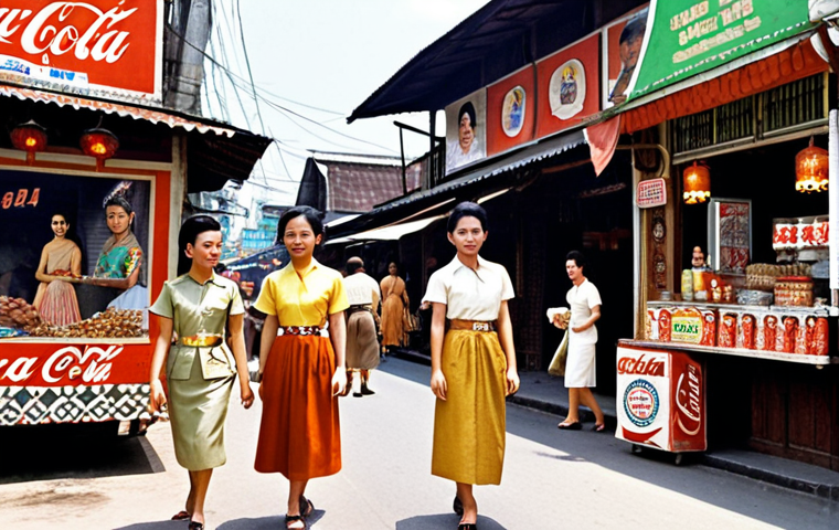 **

A bustling Bangkok street scene, circa 1960s.  Thai women in Western-influenced dresses (knee-length, brighter colors) walk past shops with Coca-Cola signs and movie posters featuring American films.  American soldiers in uniform are visible in the background.  Some traditional Thai elements (e.g., a spirit house, a food vendor) are also present, creating a blend of cultures.

**