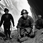**A gritty, black and white photojournalistic image depicting Korean coal miners during the Japanese occupation. Show the harsh conditions underground: cramped spaces, minimal lighting, dust-filled air, and exhausted faces. Emphasize the dangers of the job with subtle hints of potential cave-ins or faulty equipment. The overall tone should be somber and convey the hardship and resilience of the workers.**