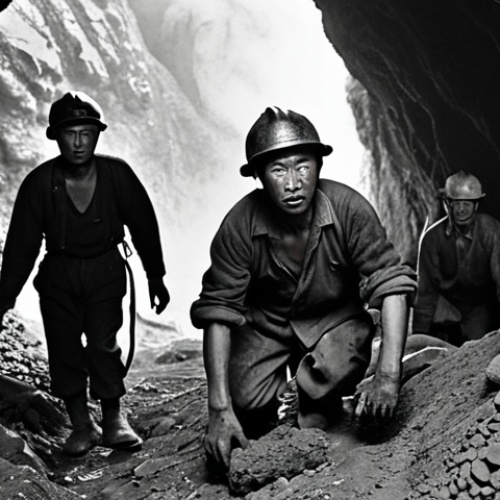 **A gritty, black and white photojournalistic image depicting Korean coal miners during the Japanese occupation. Show the harsh conditions underground: cramped spaces, minimal lighting, dust-filled air, and exhausted faces. Emphasize the dangers of the job with subtle hints of potential cave-ins or faulty equipment. The overall tone should be somber and convey the hardship and resilience of the workers.**