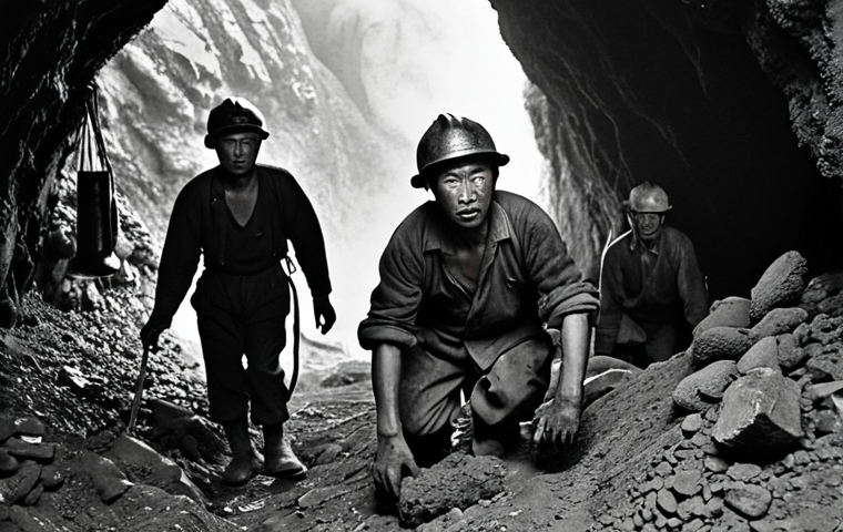 **A gritty, black and white photojournalistic image depicting Korean coal miners during the Japanese occupation. Show the harsh conditions underground: cramped spaces, minimal lighting, dust-filled air, and exhausted faces. Emphasize the dangers of the job with subtle hints of potential cave-ins or faulty equipment. The overall tone should be somber and convey the hardship and resilience of the workers.**